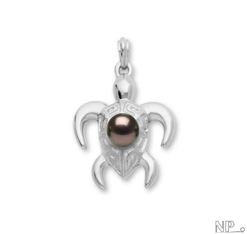 Pendentif en Or gris en forme de Tortue avec perle de tahiti, bijou haut de gamme